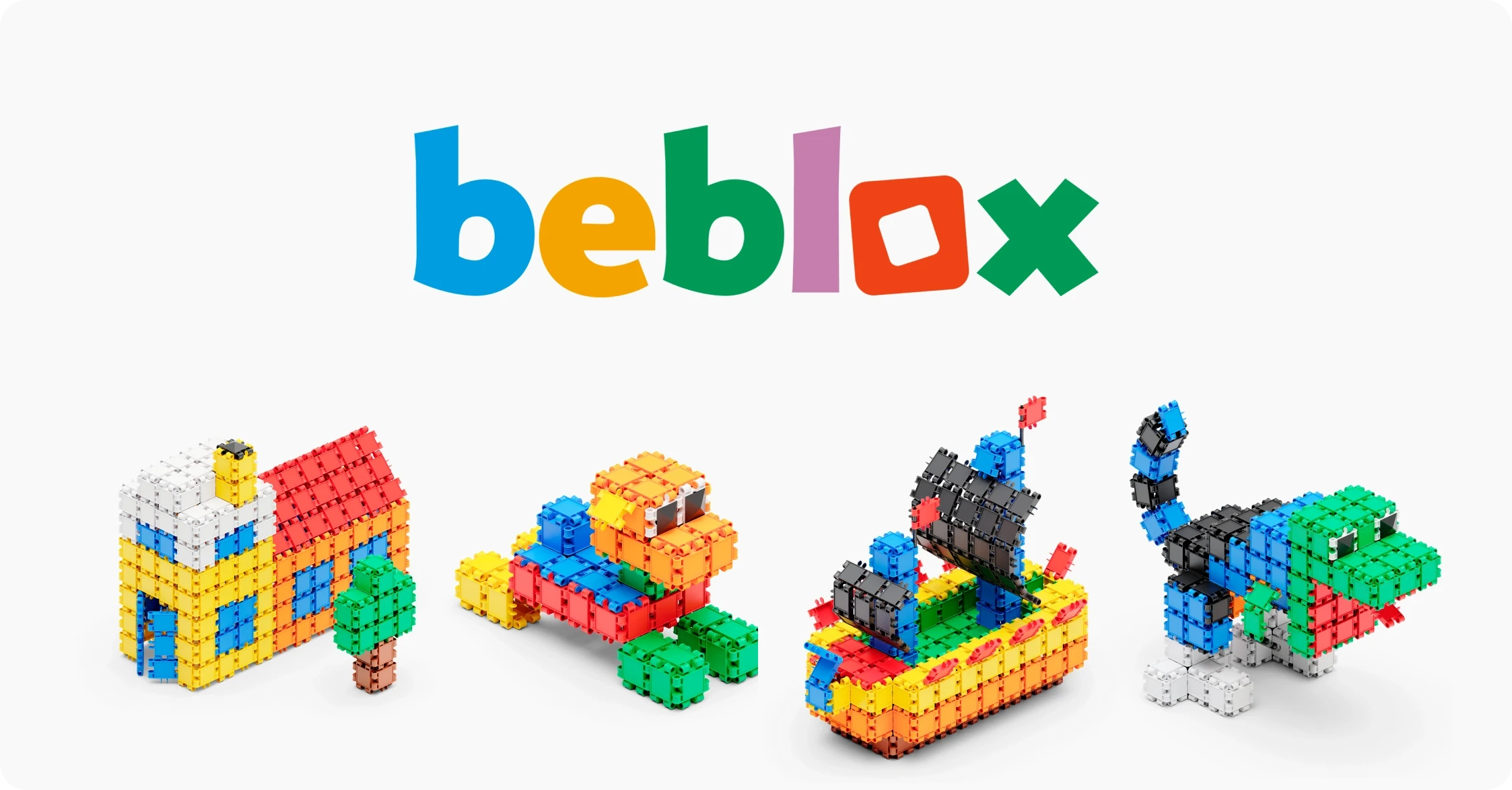 Beblox logo with block builds on a white background